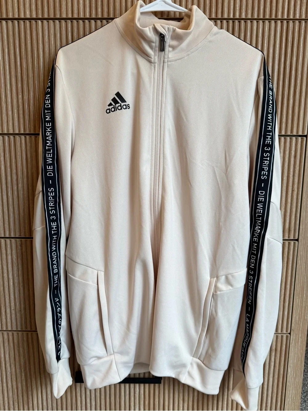 adidas Cream Full-Zip Track Jacket with Black Sleeve Stripes